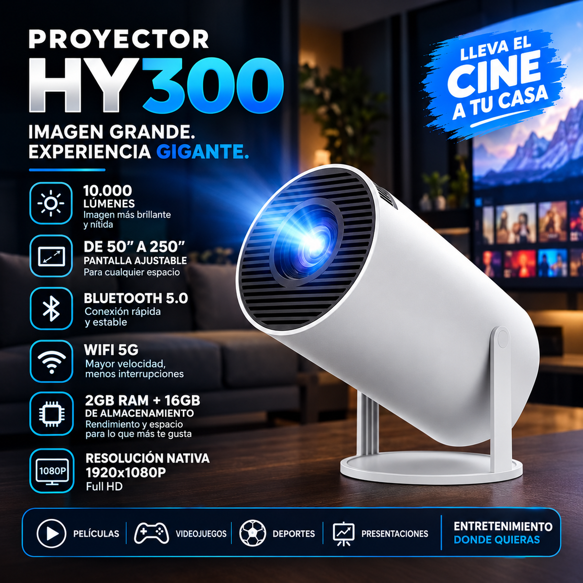 Proyector HY300 Smart Android Full HD Portátil – Cine en Casa